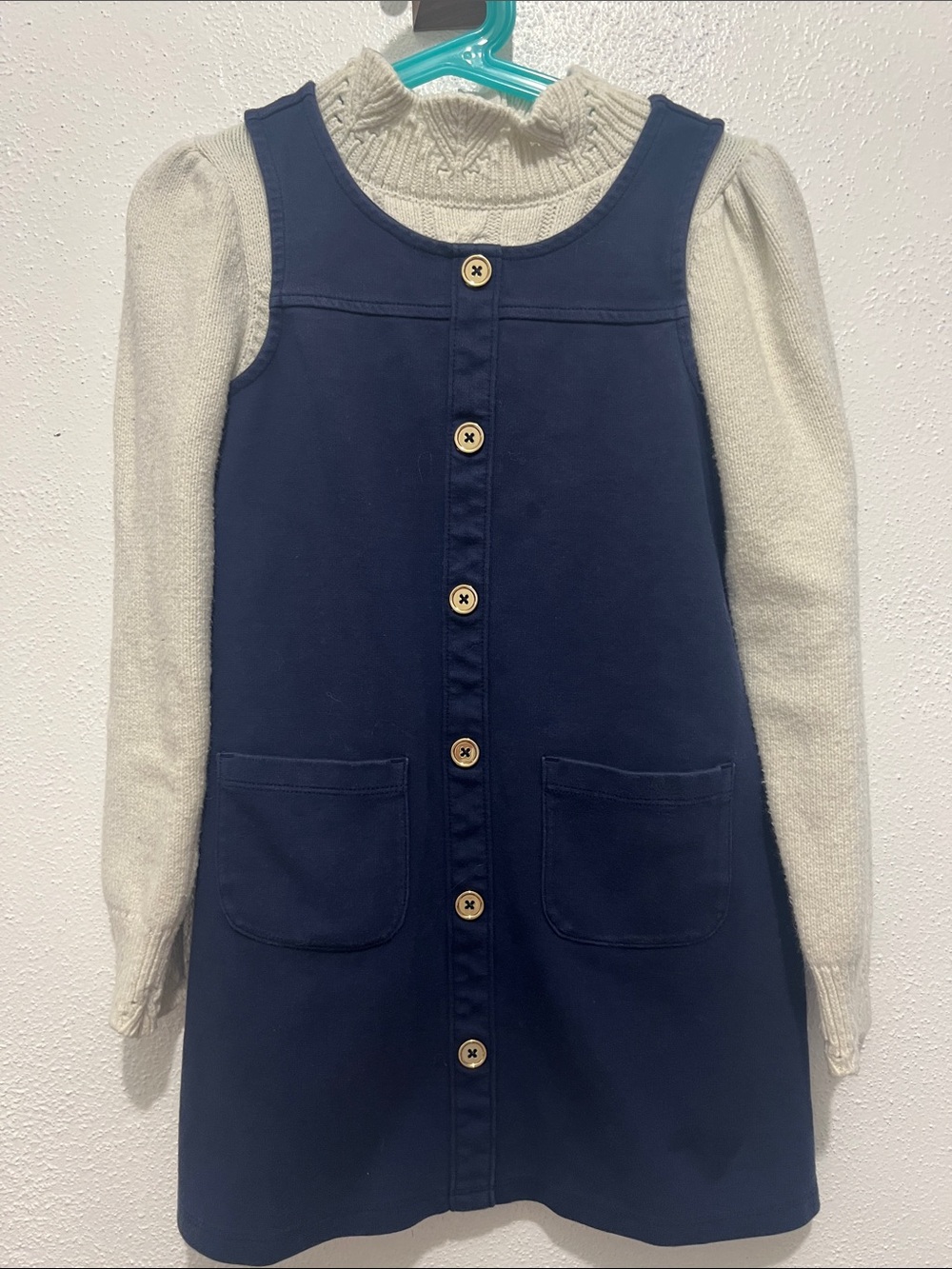 Janie and Jack Navy Button-Front Pinafore Dress with Cream Knit Top